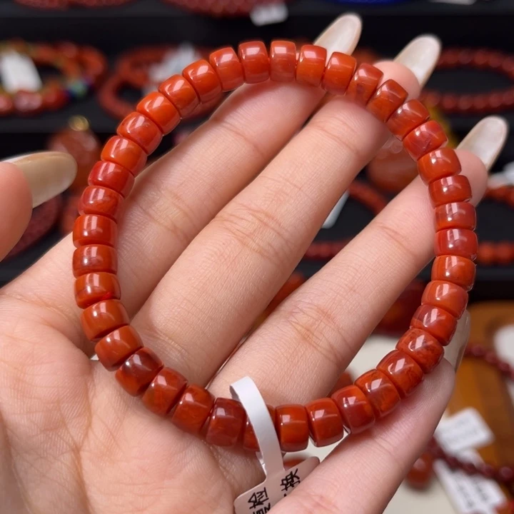 南红玛瑙未镶嵌手链精工直切药片7mm柿子红火焰