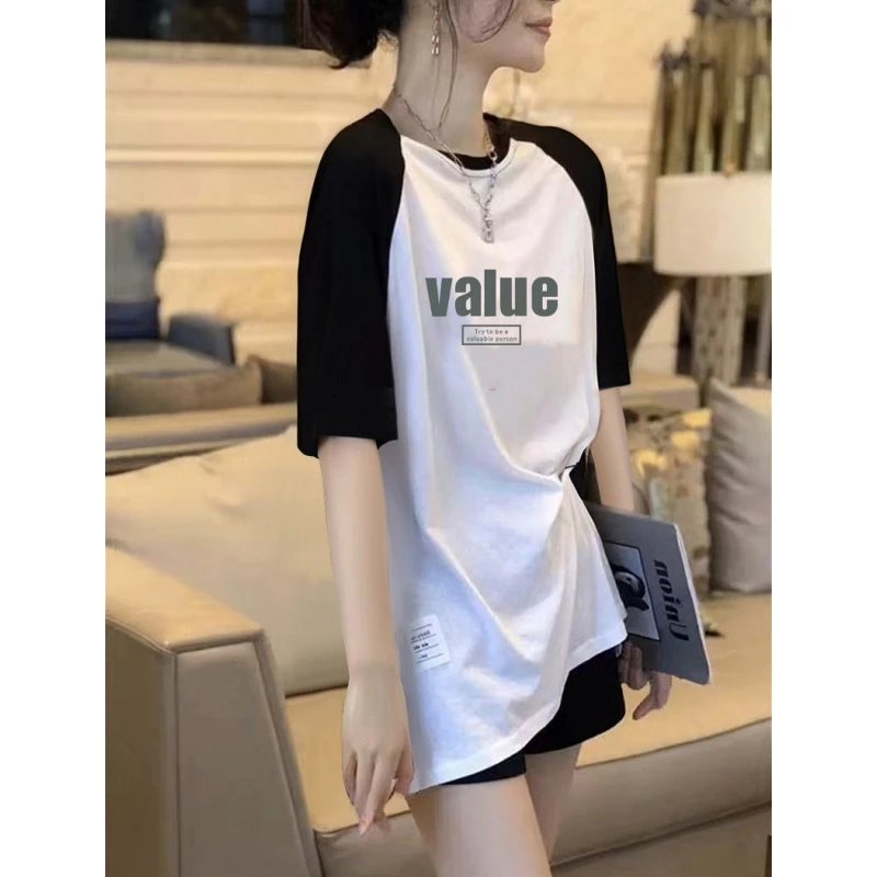 白色拼色纯棉正肩短袖t恤女夏季2025新款宽松显瘦时尚中长款上衣