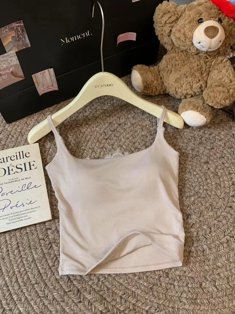 新款纯欲甜辣设计感吊带背心自带胸垫内搭外穿修身蕾丝美背夏款