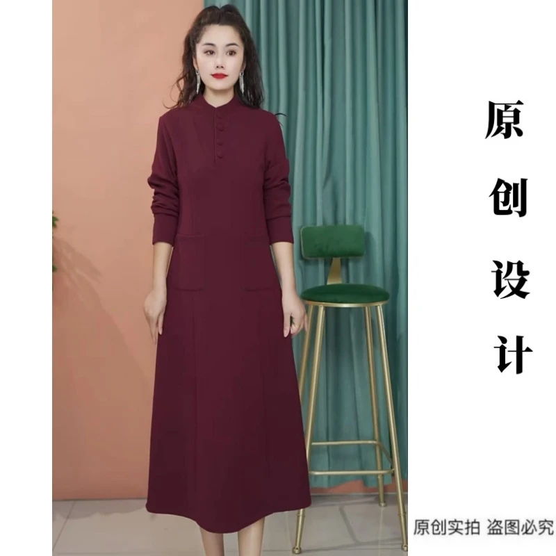 秋季新款四粒扣立领显瘦洋气百搭长袖休闲连衣裙