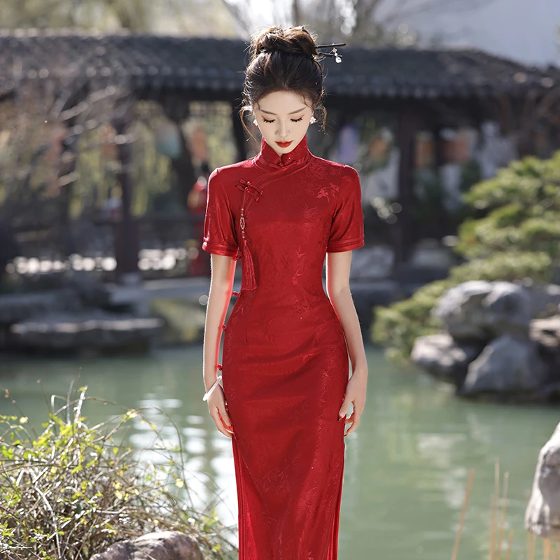 旗袍女新中式高考送考2025新款酒红色妈妈高端平时可穿礼服裙夏季