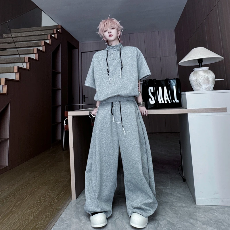 夏季立领抽绳套头短袖卫衣套装男痞帅弯刀裤休闲阔腿长裤两件套潮