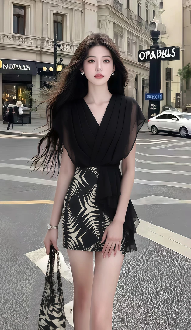 轻奢优雅温柔知性风黑色V领修身收腰设计感连衣裙女高端大气女装