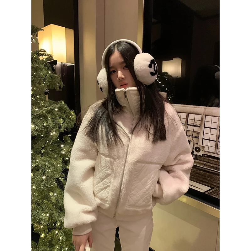 王少女的店 米白色宽松羊羔绒翻领长袖外套冬季休闲上衣W29278S44