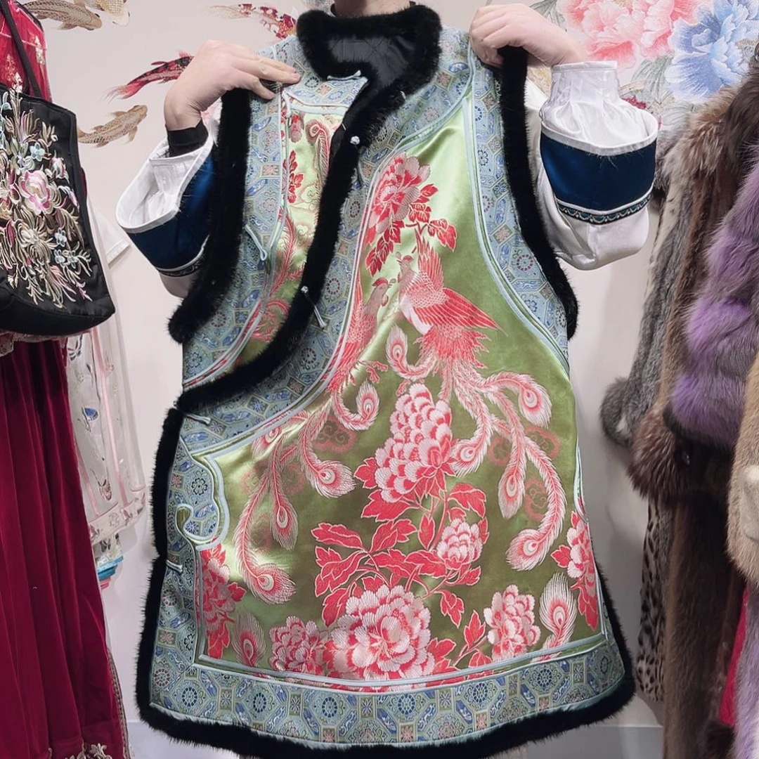 下播福利圆领秋冬季水貂毛包边老软缎马甲