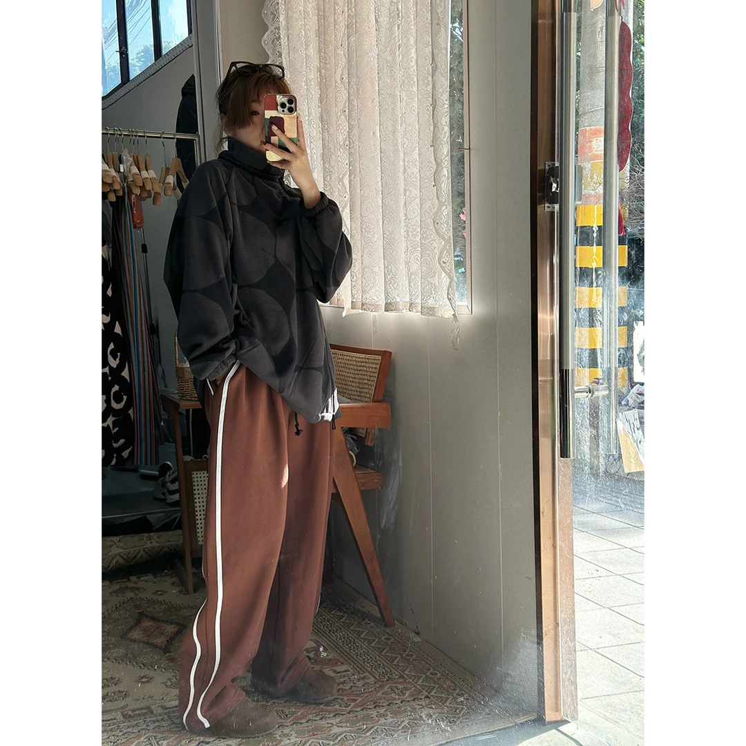 ZR164秋冬加绒侧白松紧腰阔腿裤