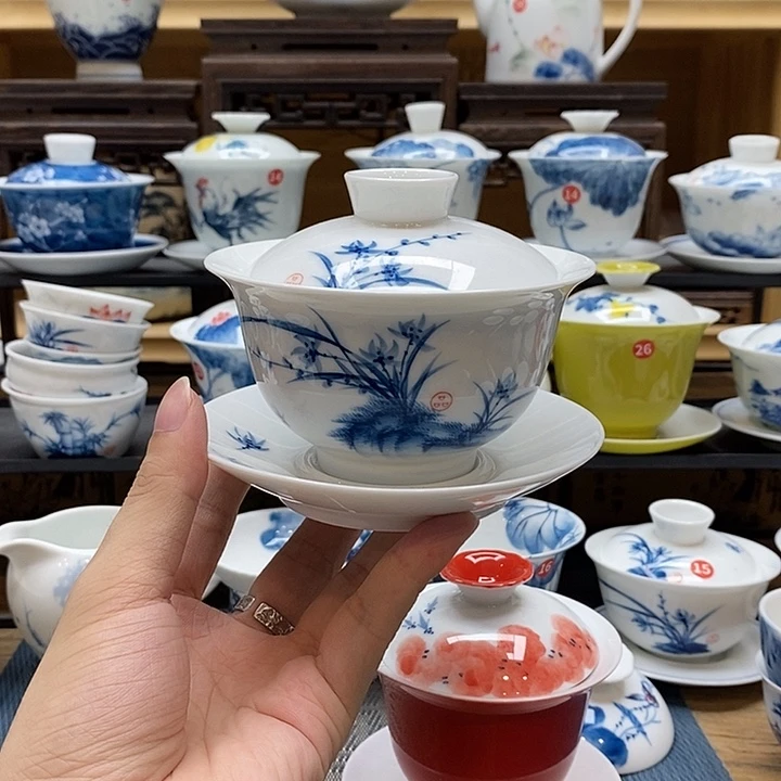 手绘兰花180盖碗釉下彩高温瓷微瑕福利款