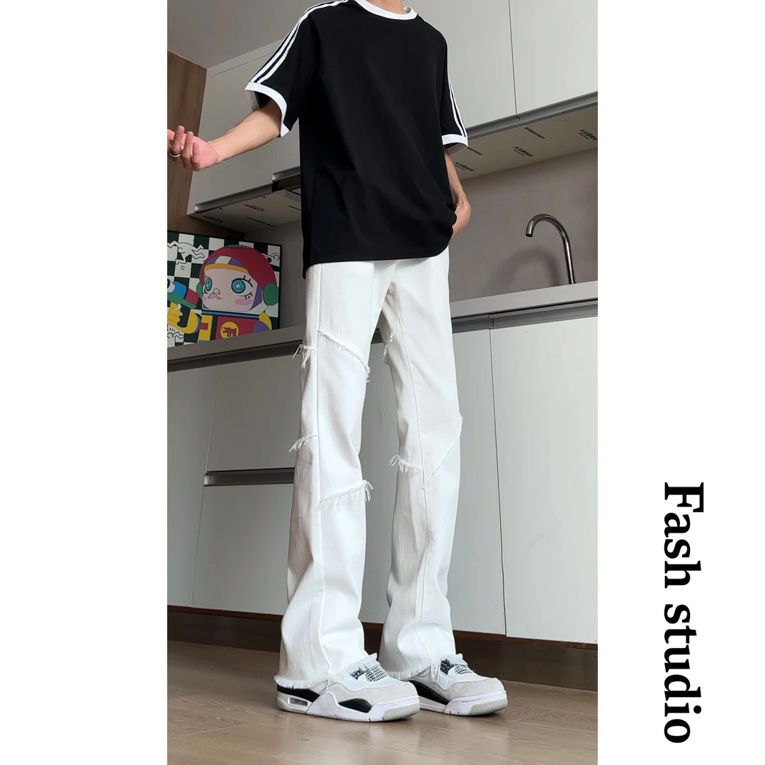 cleanfit美式vibe高街微喇白色弯刀牛仔裤男生款修身直筒休闲裤子