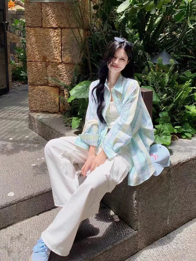 韩版小清新薄荷绿格子防晒衬衫女夏季甜美薄款宽松休闲肌理感上衣