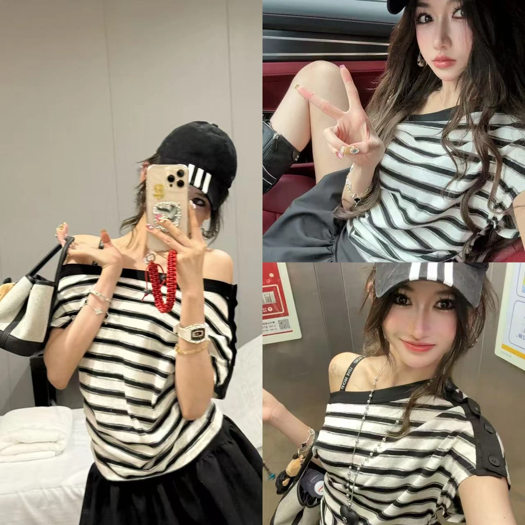 设计感不规则一字肩斜肩条纹露肩上衣