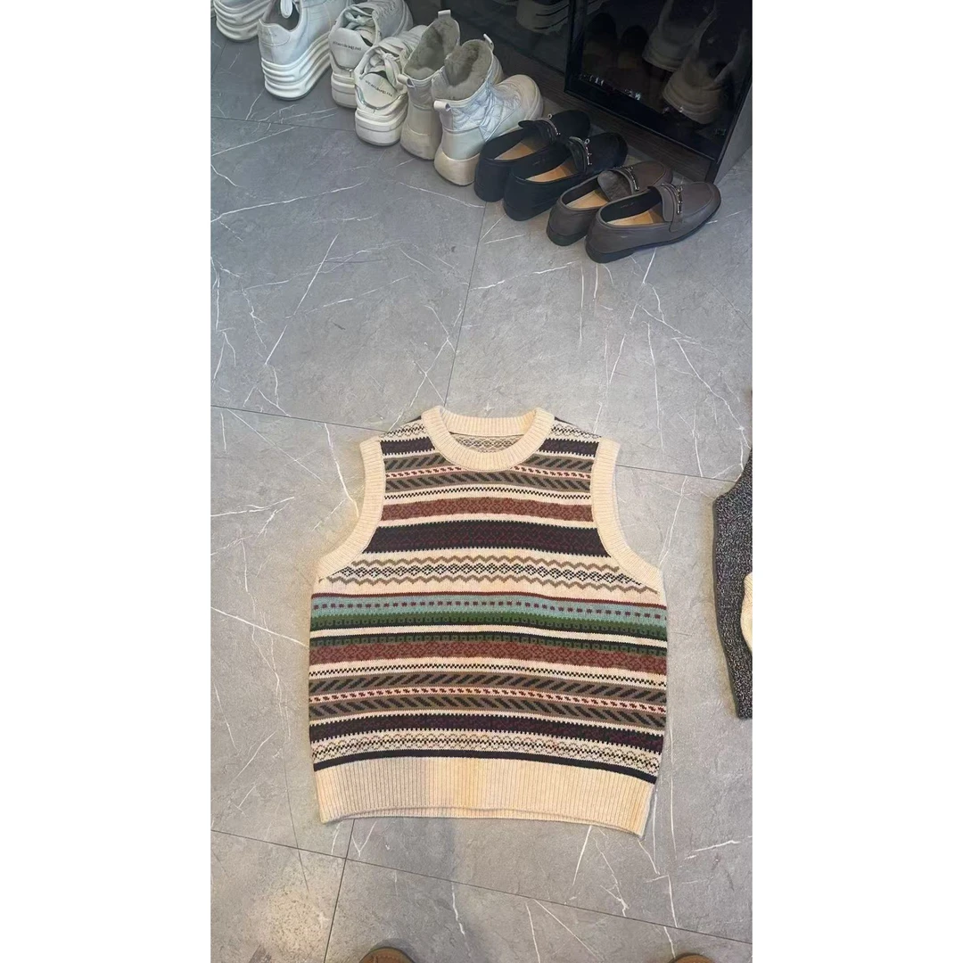 春季新款圆领条纹拼色复古针织衫马甲H661MA01D30922