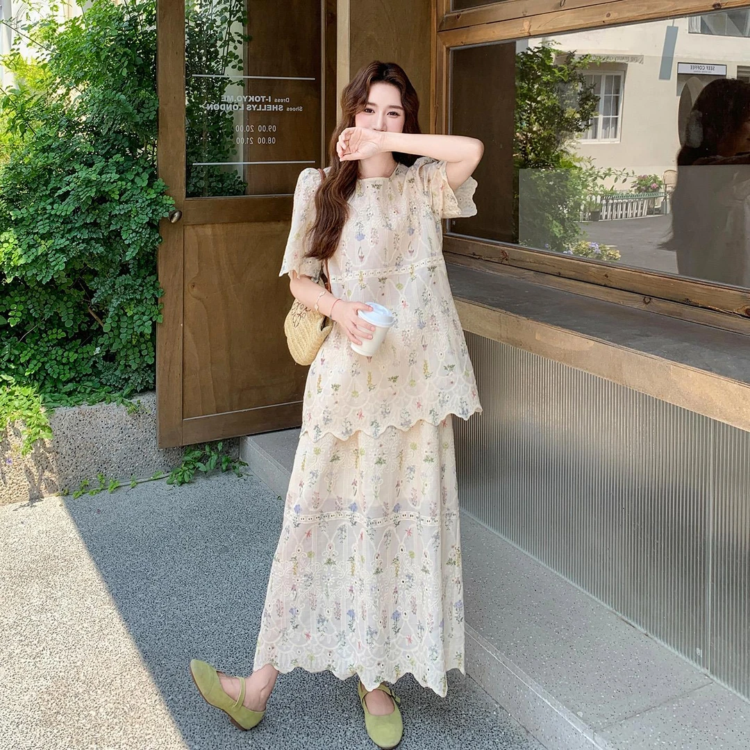-整套ootd穿搭爆款减龄高级感日绝美重工刺绣上衣半身裙两件套