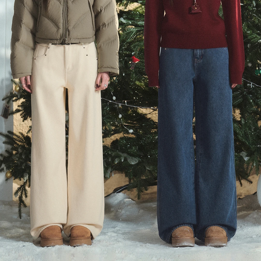 铆钉装饰口袋设计加绒加厚直筒宽松牛仔裤 RA244XZ0680