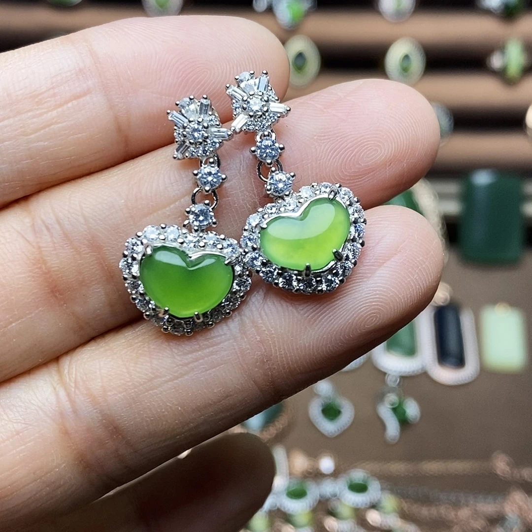 吊坠(不含链)银S925镶嵌和田玉（碧玉）耳饰