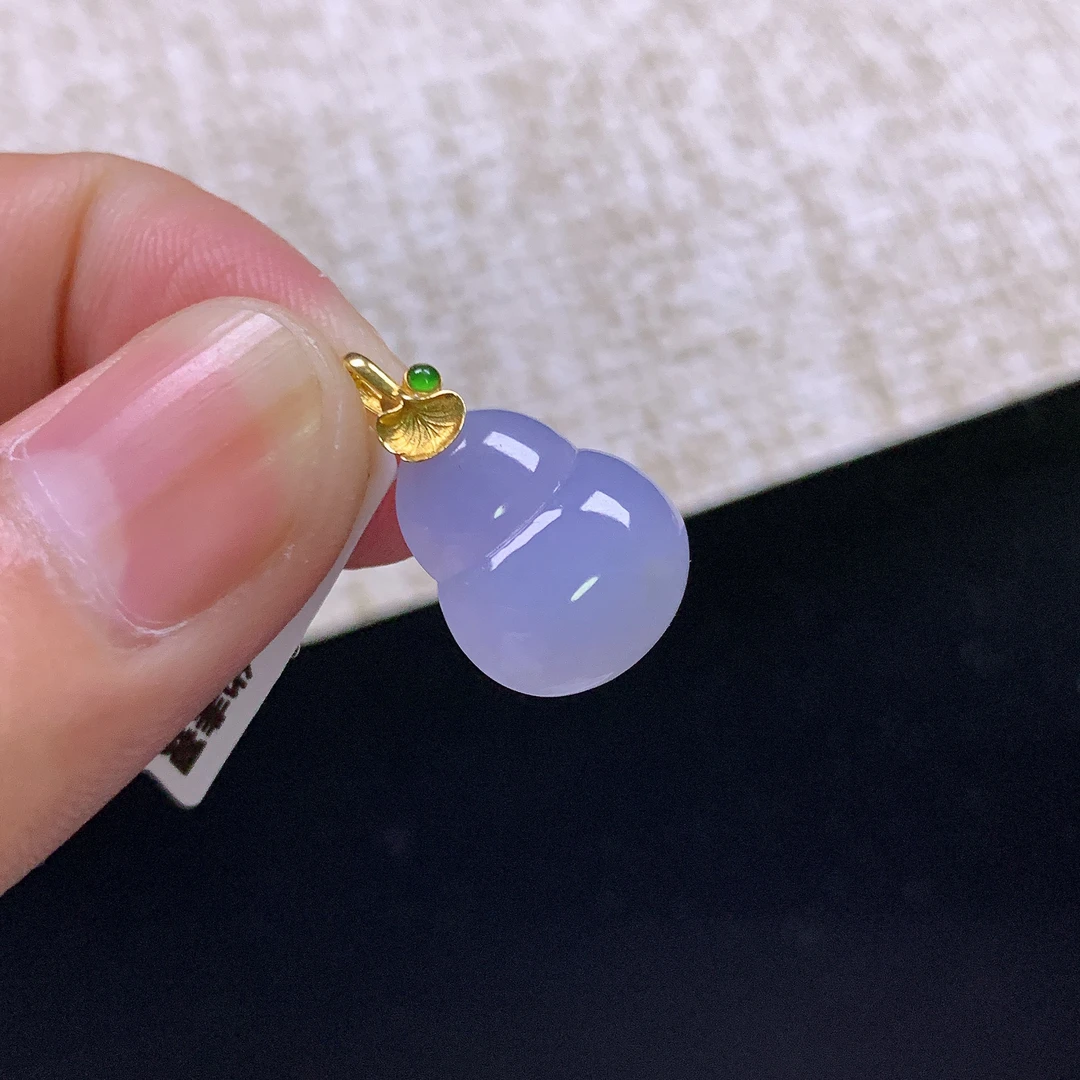缅甸天然A货翡翠18k金镶嵌冰润细腻妖紫葫芦吊坠20.4x13x4.3