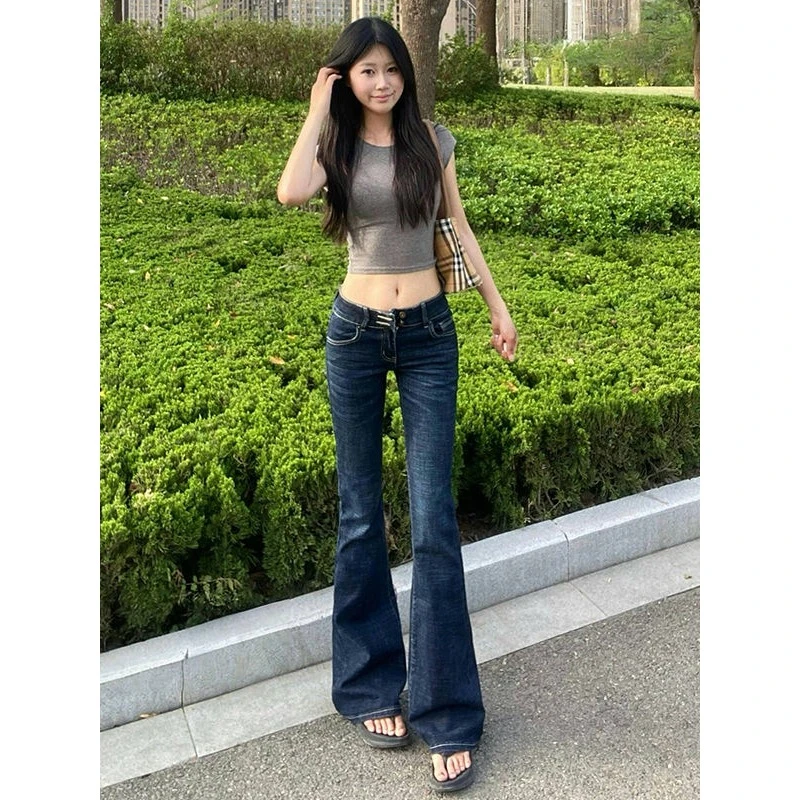 高个子加长复古深蓝高街低腰微喇叭牛仔裤女夏季新款修身拖地裤子