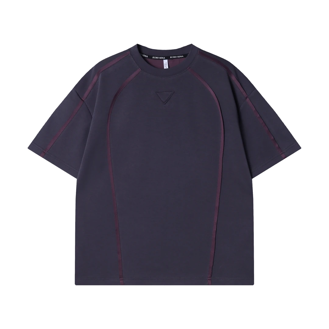 夏季新款时尚个性韩版撞色线条圆领短袖T恤百搭潮流舒适简约上衣