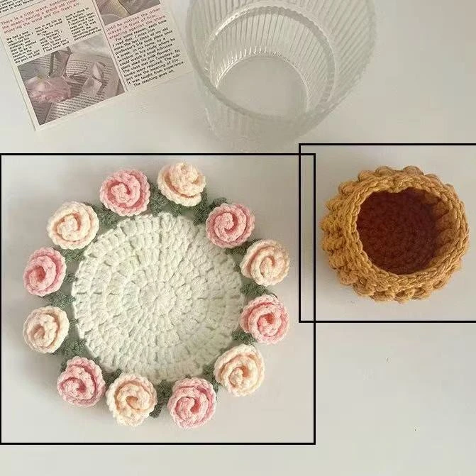 手工编织毛线diy玫瑰花束迷你毯子材料包钩针创意礼物杯垫非成品