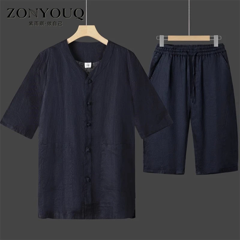 ZONYOUQ时尚套装男士夏季薄款亚麻透气中老年国风短袖T恤宽松裤子