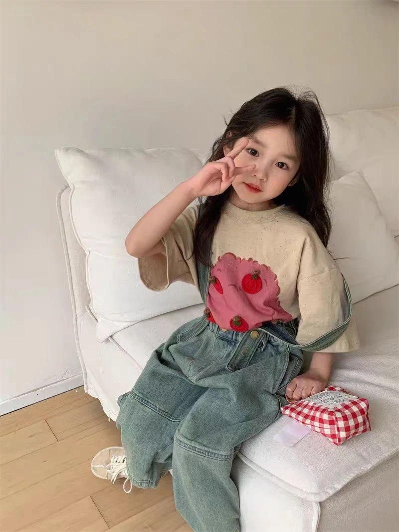 8022做旧牛仔背带裤套装夏季新款儿童宝宝洋气时髦夏装短袖两件套