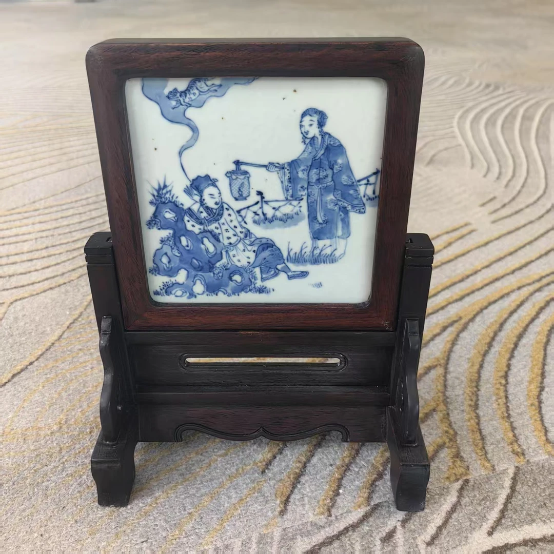 A0642清道光青花人物瓷插屏