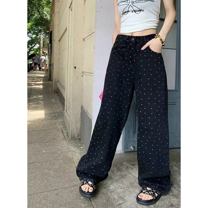 圆点印花直筒牛仔裤女春秋大码胖mm显瘦复古阔腿长裤高腰拖地裤子