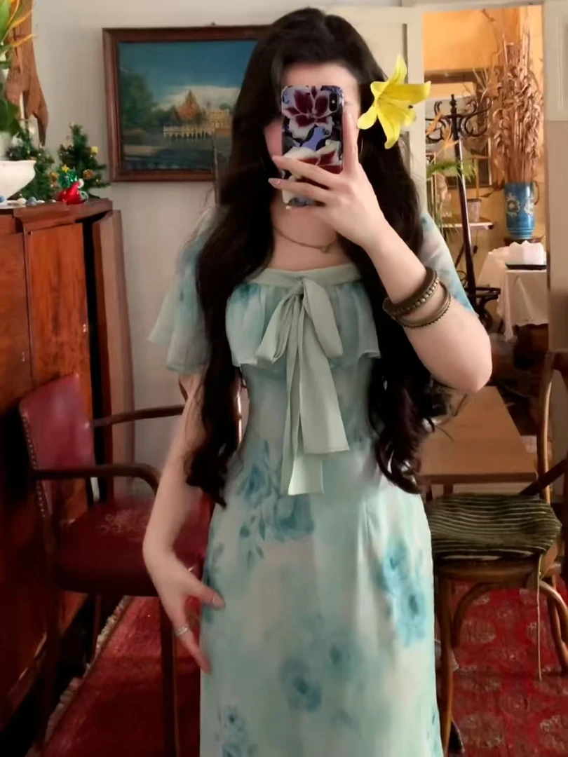 【森之境】300斤特大码胖mm法式复古晕染印花显瘦连衣裙夏季2025