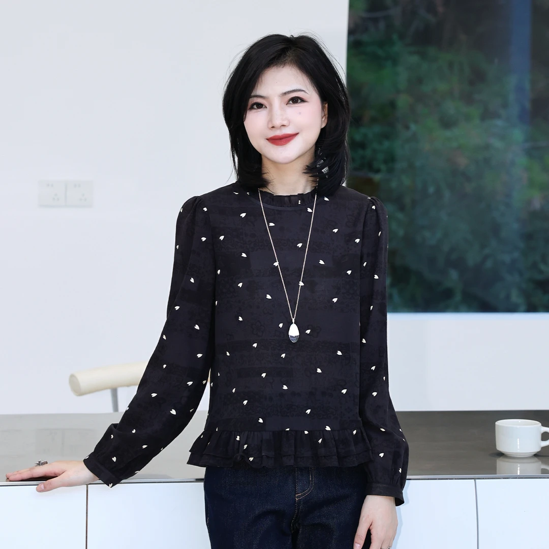 枫竺阿楠anan优雅木耳边圆领爱心印花纯棉衬衫女秋季休闲外穿上衣