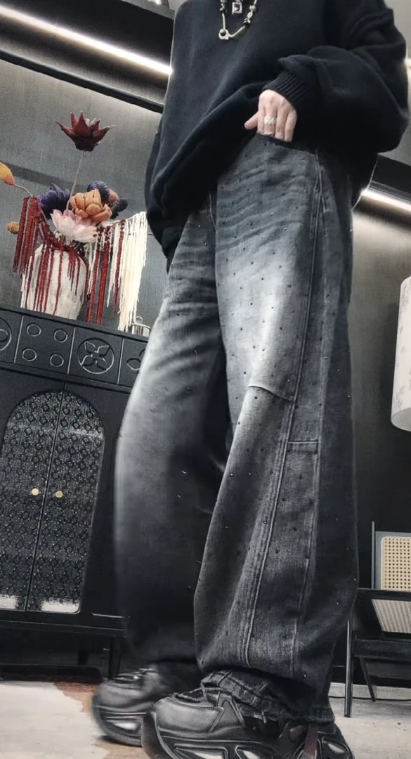 莹莹欧货【烫钻牛仔弯刀裤】春季女款女裤爆款2025磨破满钻黑色长裤