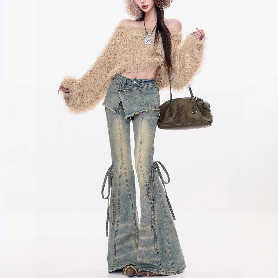 叠穿派对-原创复古做旧水洗牛仔裤女秋季新款高腰系带马蹄微喇裤