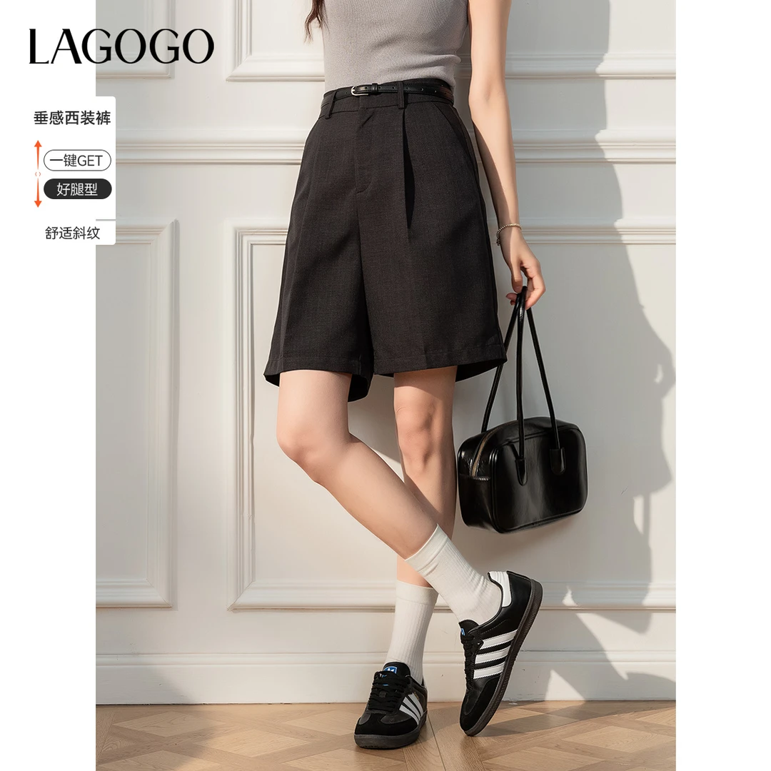 LAGOGO复古百搭五分西装短裤女拉谷谷2025春新高腰裤子OAKK231G07