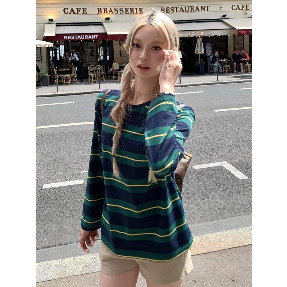 韩系圆领条纹宽松薄款长袖T恤女秋季休闲慵懒风显瘦百搭ins风上衣