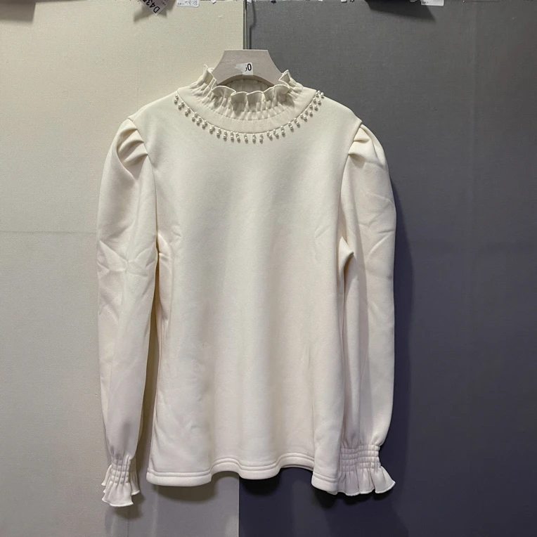 0536新款设计感加绒打底衫钉珠花边上衣2025冬季新时尚显瘦女衫