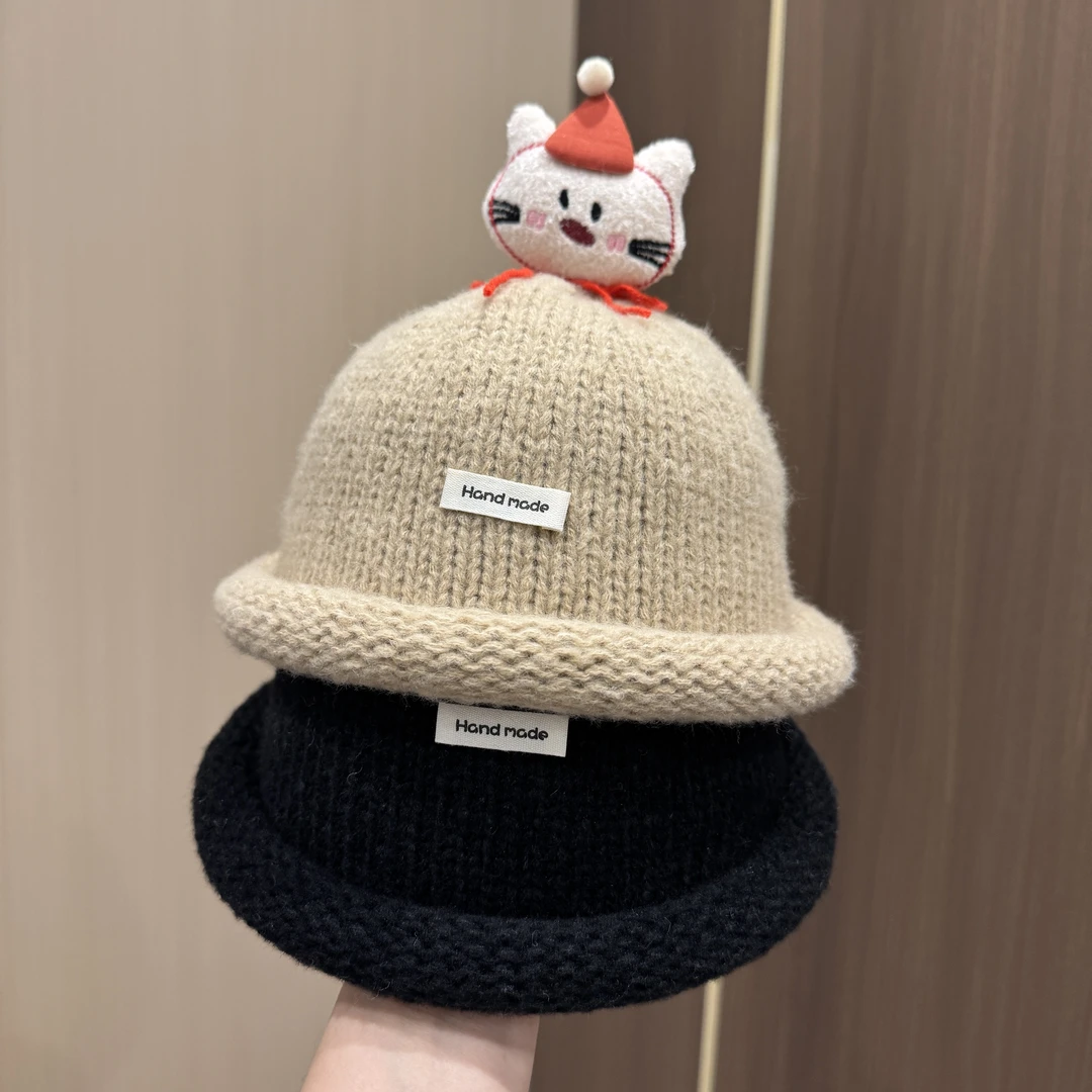 森系儿童帽子秋冬款针织瓜皮帽宝宝保暖奶嘴帽男女童猫咪毛线帽
