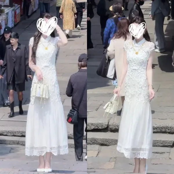 2025夏季新中式国风重工盘花珠袖改良旗袍收腰显瘦盘扣显瘦裙子女