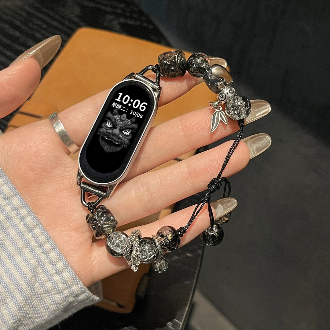 适用小米手环10表带9/8透黑醒狮串珠编绳7/6/5版替换腕带小米10