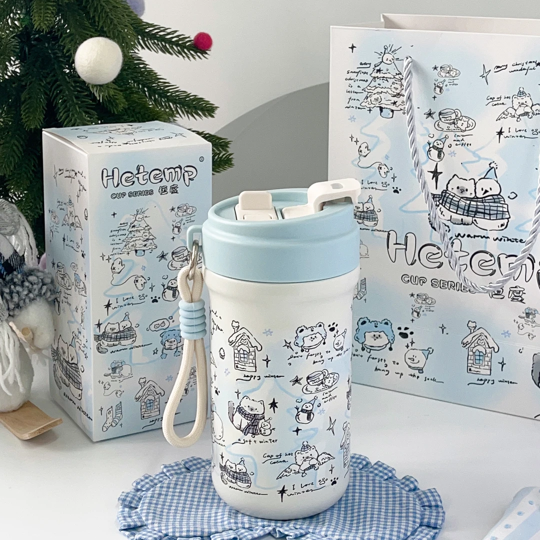 恒度雪人猫咪316不锈钢保温杯女生高颜值2025新款咖啡吸管水杯子