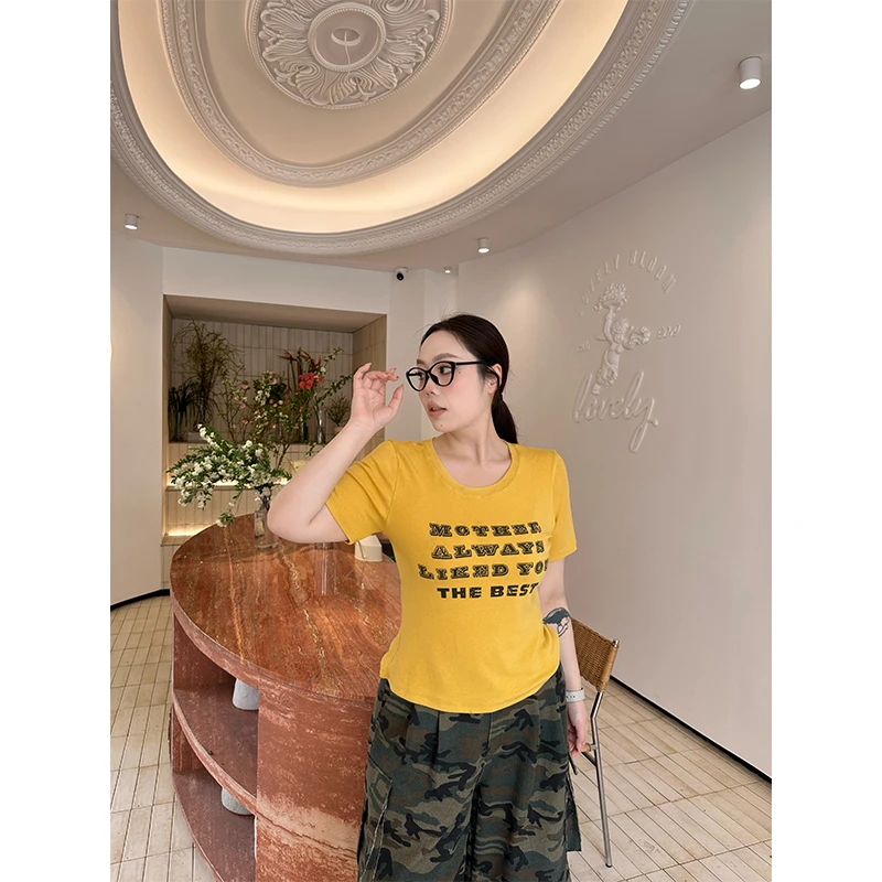 芒果汁~胖MM大码夏季显瘦休闲宽松百搭圆领黄色T恤G3T0004