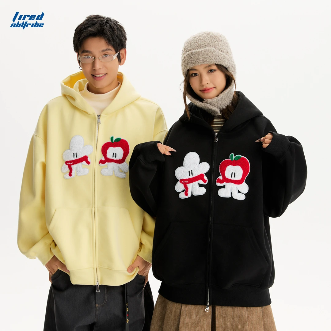 TIRED先生IP卡通毛巾绣开衫连帽卫衣情侣款宽松运动上衣休闲外套