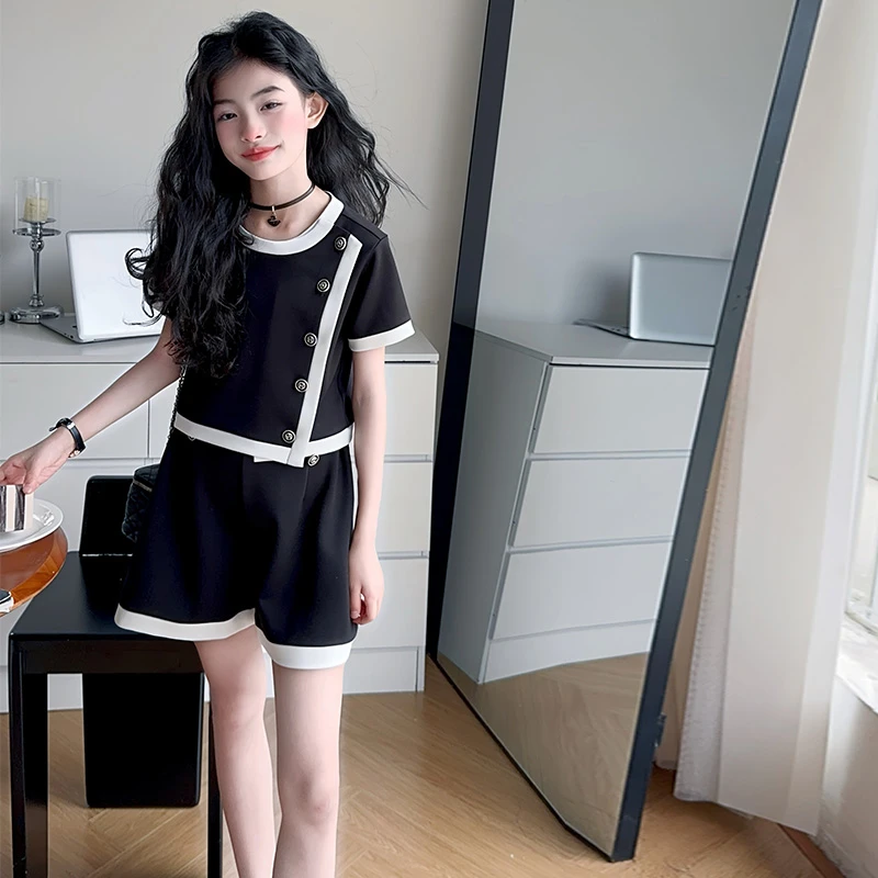 女童撞色短裤套装夏装2025新款儿童夏季小香风设计感女孩大童穿搭