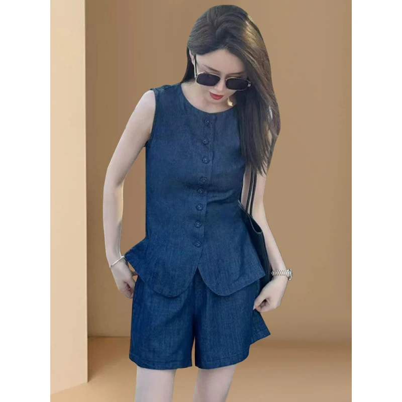 欧货时尚休闲套装女夏季气质单排扣无袖马甲高腰阔腿短裤两件套