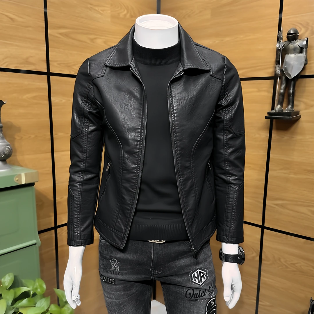 翻领皮衣男士黑色时尚百搭帅气机车服春秋季休闲商务皮夹克外套男