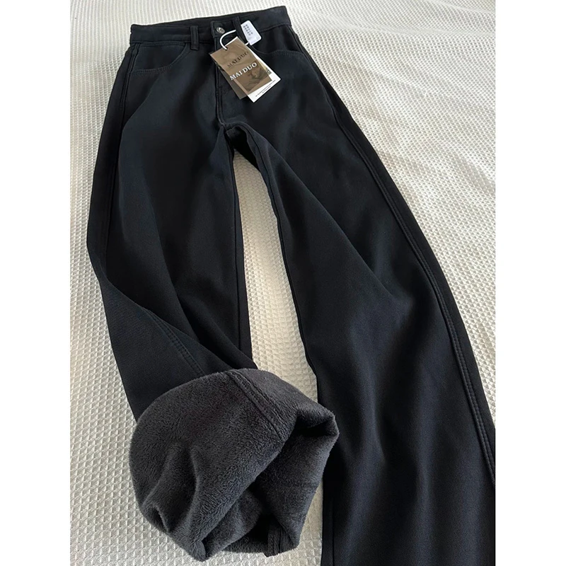 黑色百搭窄版阔腿牛仔裤女2025秋冬加绒新款高腰显瘦垂感直筒裤子
