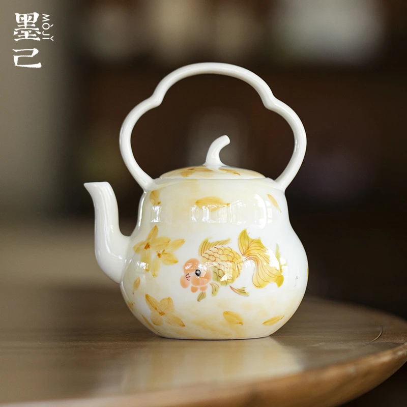 墨己玉泥白瓷手绘胖头鱼陶瓷茶具功夫茶具家用球孔过滤葫芦提梁壶