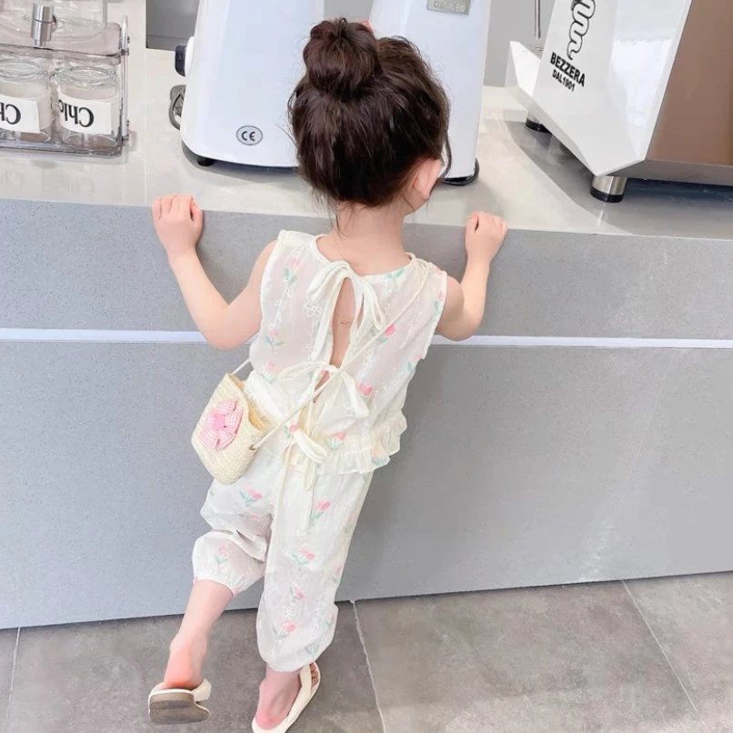 女童夏季套装新款无袖郁金香洋气短袖背后镂空薄款套装SJ-J-B126