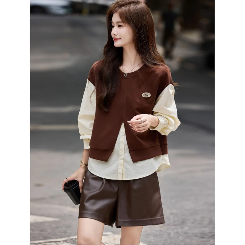 时尚设计感衬衫拼接卫衣女春秋2025新款长袖复古韩系上衣宽松休闲