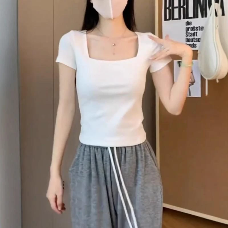 白色气质方领短袖t恤女夏季设计感小众正肩露锁骨辣妹小个子上衣