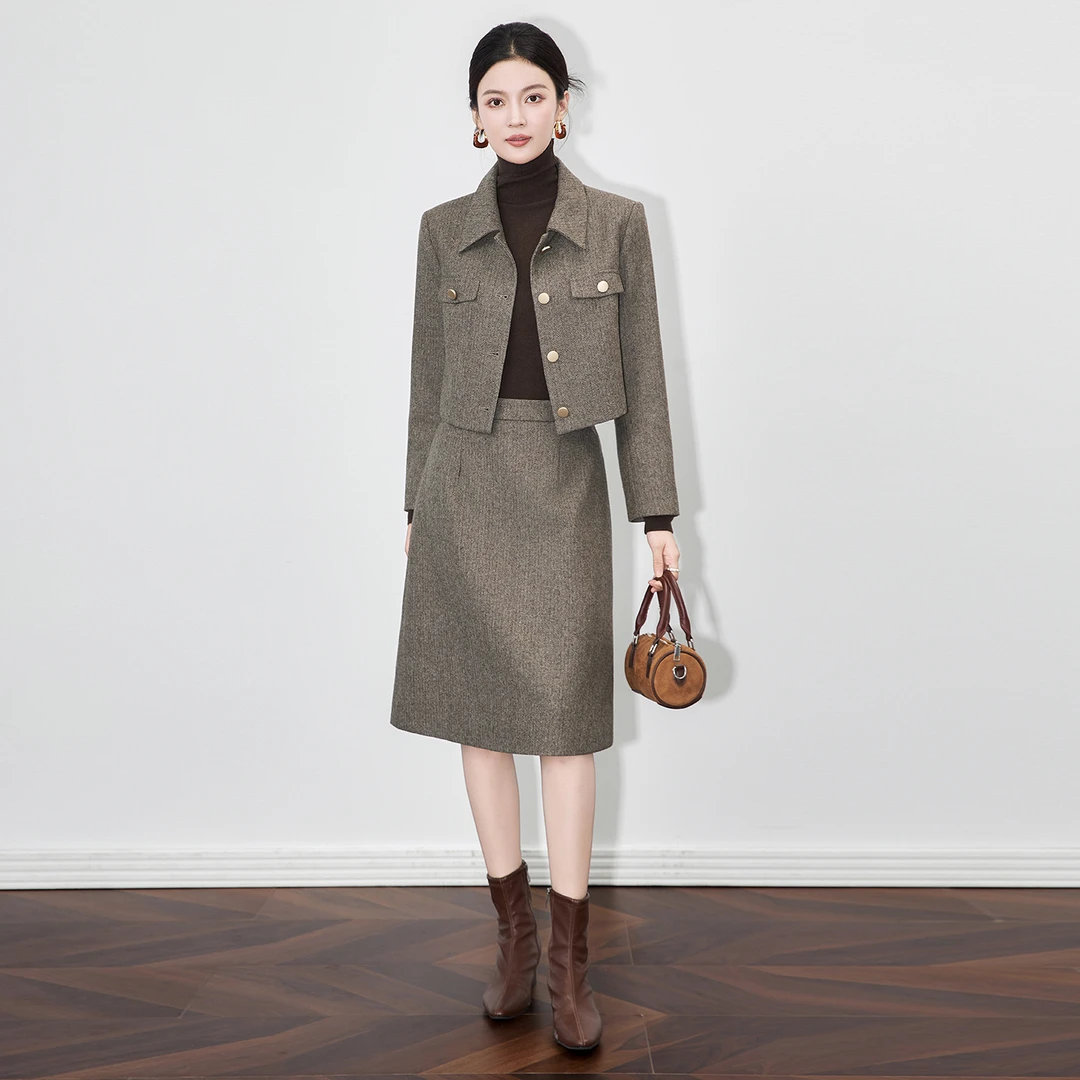 -南油高货小香风人字纹毛呢短款上衣外套+半身裙两件套装秋季秋冬