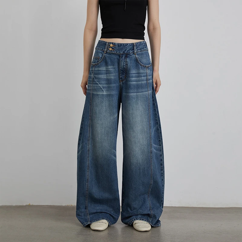 LEDIM WANG松弛感宽腰阔腿牛仔裤