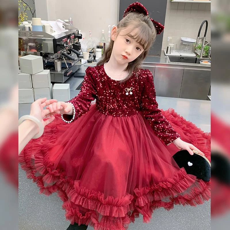 女童洋装春秋2025新款洋派儿童秋冬丝绒公主裙女孩红色礼服裙子